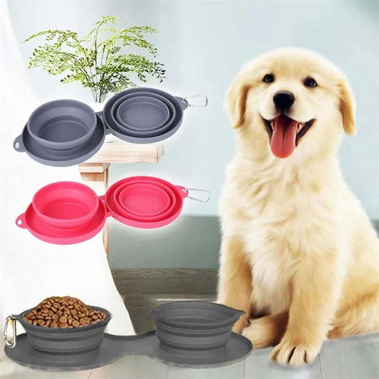 🥣Faltbare Doppel-Näpfe mit Silikonmatte – Reise-Set